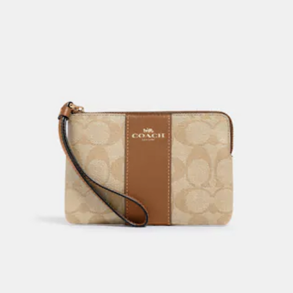 Corner Zip Wristlet In Signature Canvas | Gold/Lt Khaki/Lt Saddle